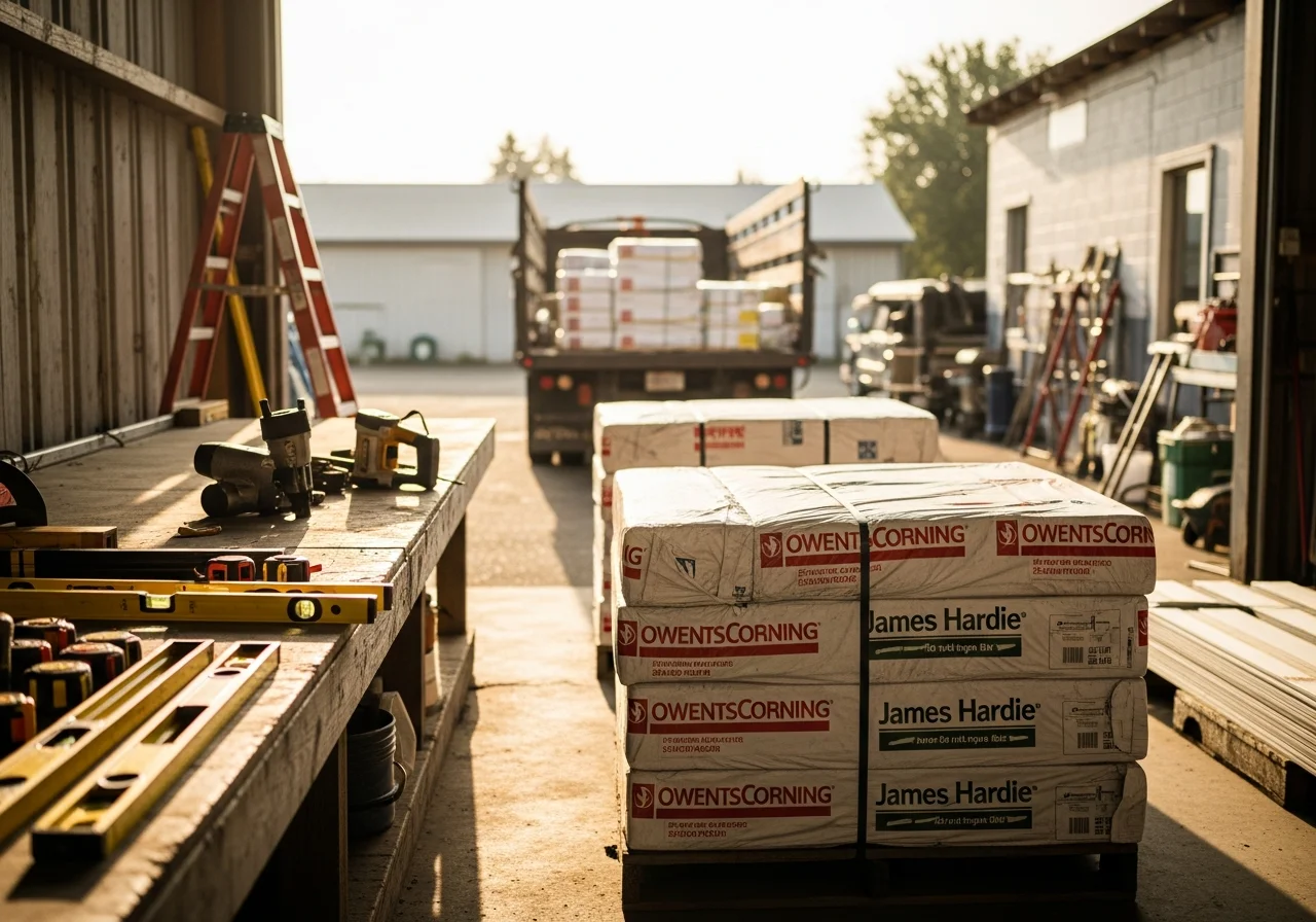 Construction crew tools and equipment on a job site, ready for residential remodeling work.