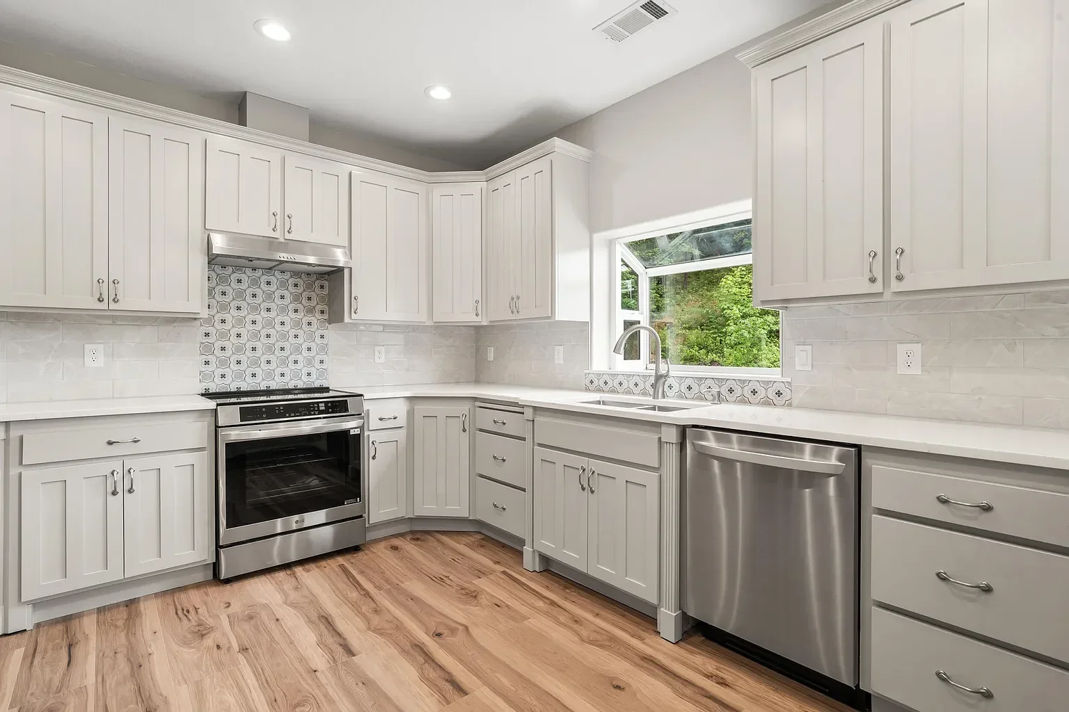 Modern kitchen with white cabinetry, stainless steel appliances, and geometric tile backsplash