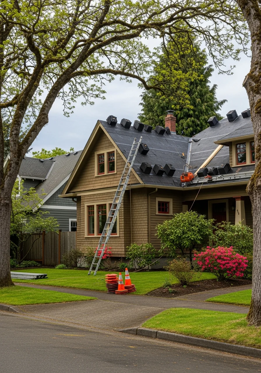 Professional roofing installation on Clackamas home with clear blue sky