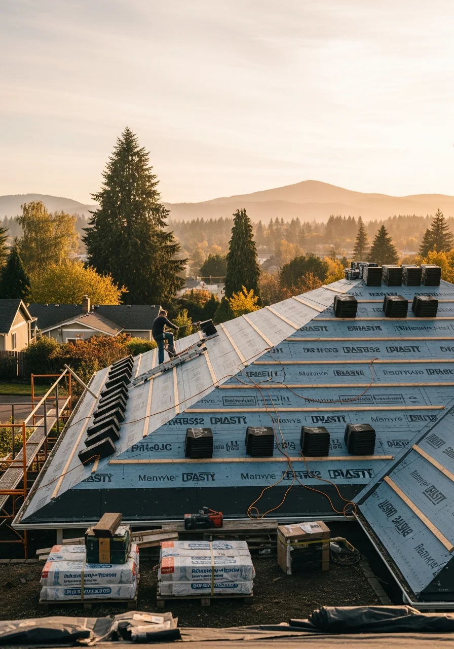 Professional roofing installation on Happy Valley home with Mount Scott views