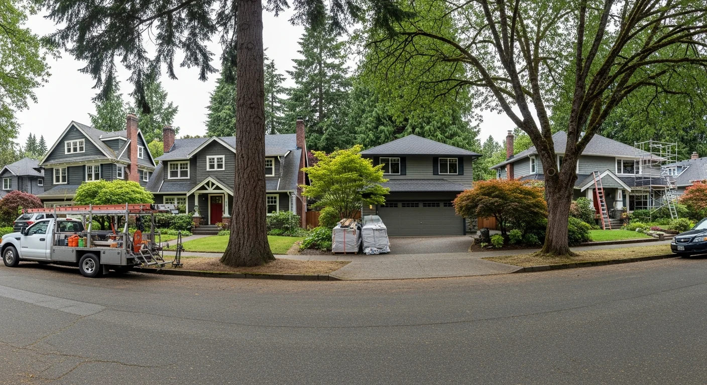 Portland urban residential street with mature trees and varied architectural styles.