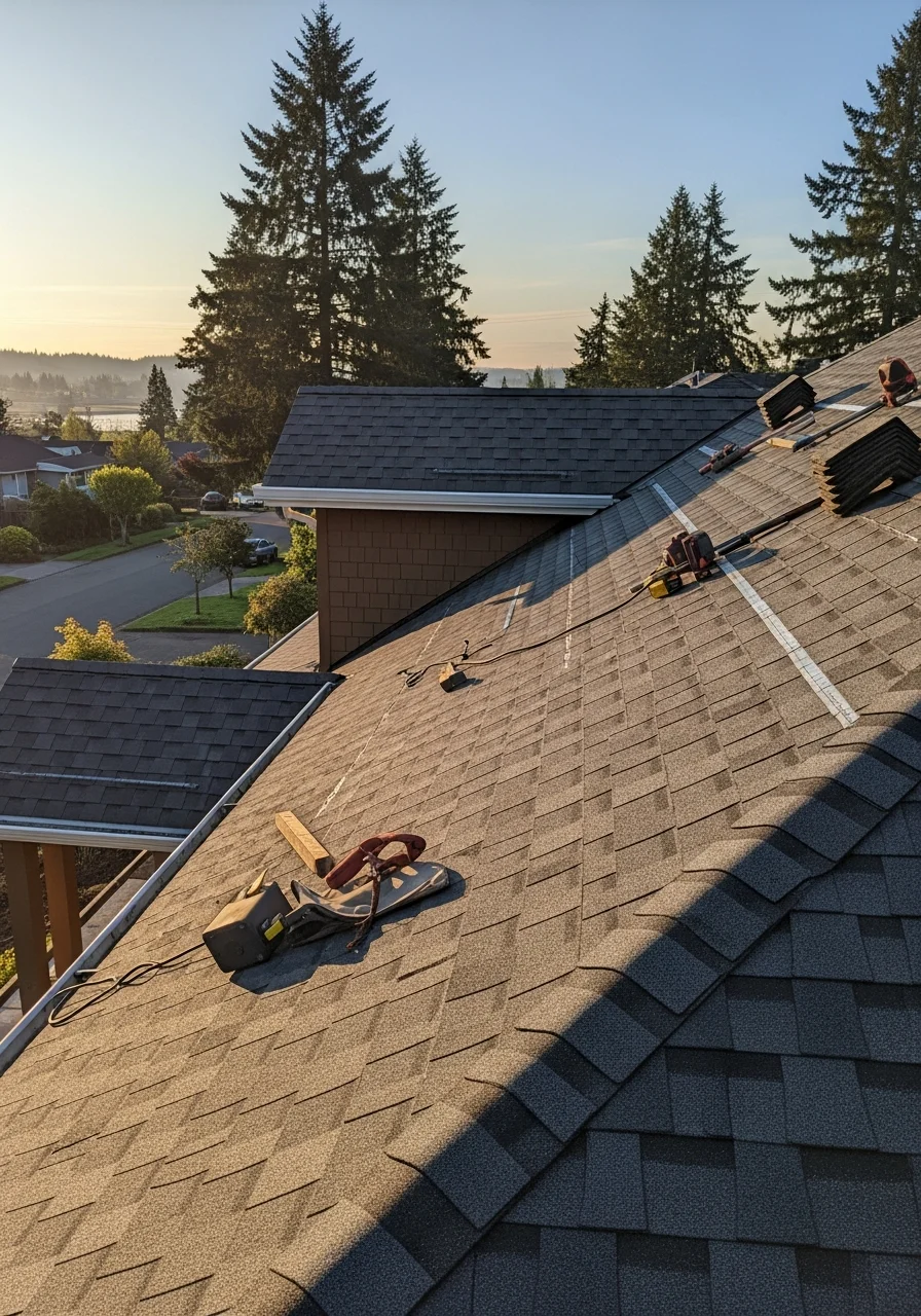 Modern West Linn residential roofing installation with Willamette River backdrop