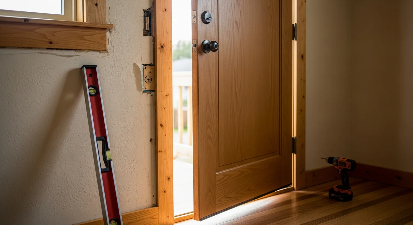 A newly installed exterior entry door on a single-family home in Beaverton, Oregon, with a clean frame fit and finished hardware. The door sits flush against the jamb with no visible gaps at the threshold or weatherstripping.