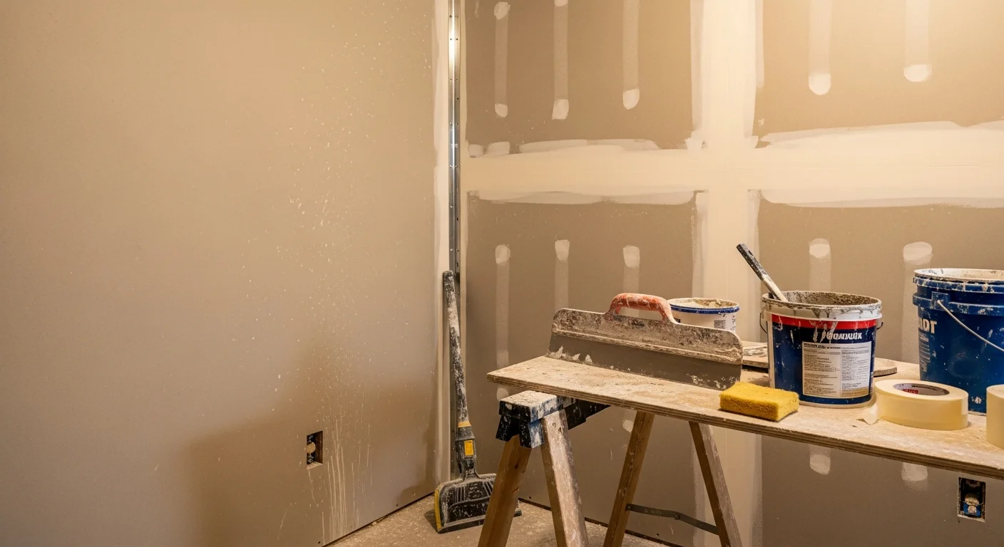 A freshly finished drywall wall inside a Beaverton home renovation, showing smooth, paint-ready surfaces with clean taped seams and no visible imperfections. A handyman contractor applies the final coat of joint compound to a basement wall in preparation for painting.