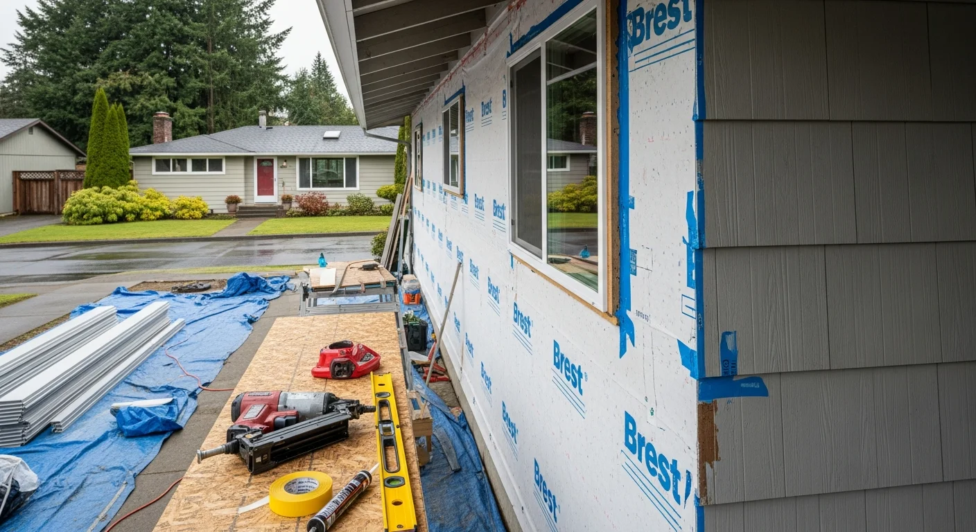 A Beaverton single-family home with freshly installed exterior siding, showing clean panel lines, updated trim, and a sealed moisture barrier visible at a corner detail. The surrounding tree-lined street reflects the established residential character common across Beaverton neighborhoods.