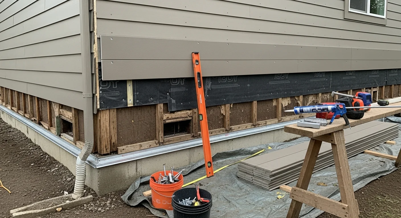 Freshly installed fiber cement siding on a two-story Beaverton home, showing clean lap panel lines and new trim around windows. The exterior reflects a completed full replacement project by Kenai Construction in the Portland metro area.