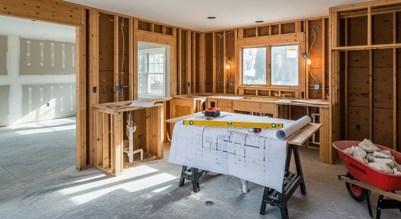 Remodeled kitchen interior in a Beaverton home showing new cabinetry, updated countertops, and recessed lighting installed by Kenai Construction. The open layout reflects a typical Washington County home renovation with modern finishes and functional storage.