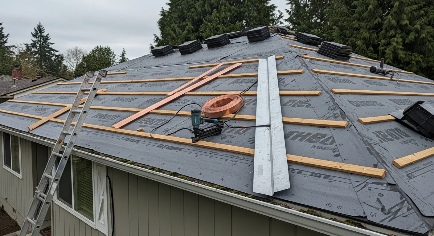 A newly installed residential roof on a single-story Beaverton home, showing clean shingle lines and finished ridge cap against a Pacific Northwest tree line. Close-up view of completed flashing and drip edge detail along the roofline.