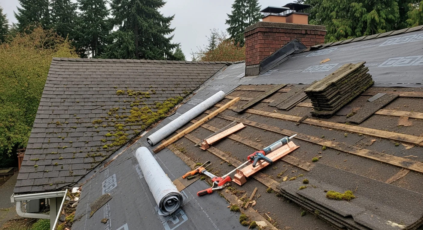 A Kenai Construction crew repairing damaged shingles and flashing on a residential roof in Beaverton, Oregon. The home shows typical Pacific Northwest moss exposure on the north-facing roof slope.