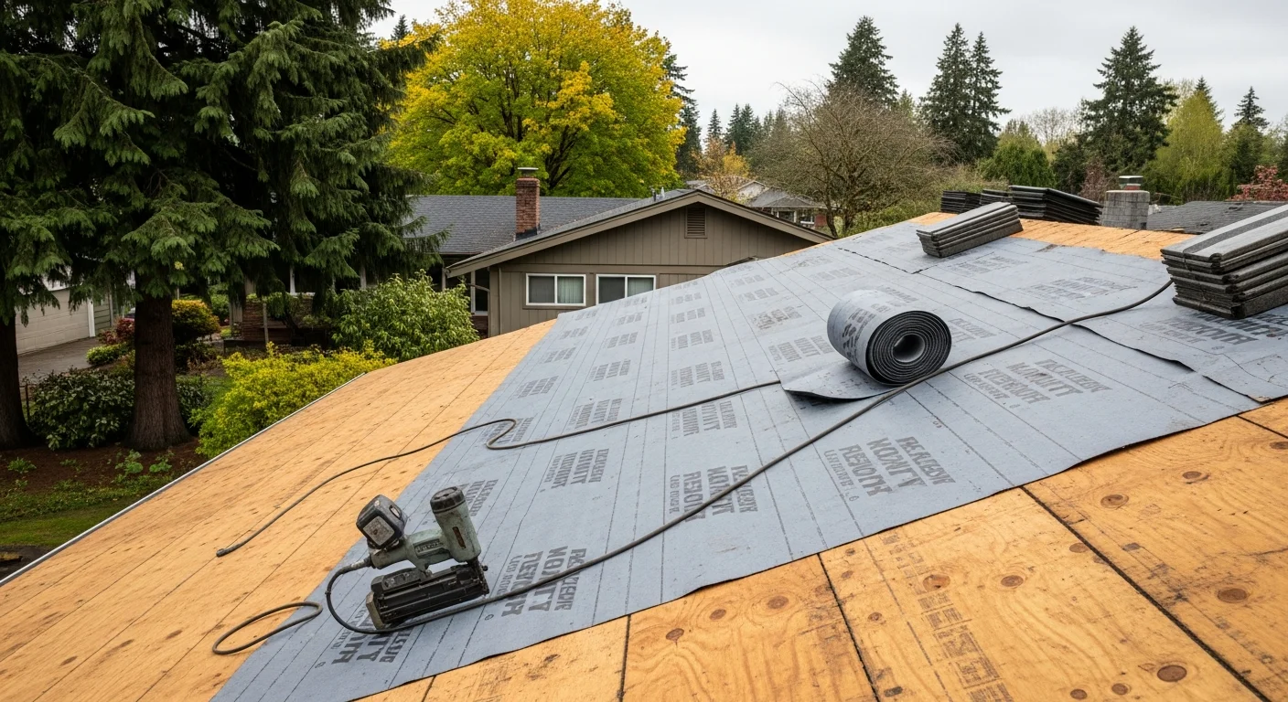 A completed residential roof replacement on a single-story home in Beaverton, Oregon, showing new shingles installed over a clean roof deck with updated flashing along the ridge and eaves. The surrounding yard includes mature evergreen trees typical of Washington County neighborhoods.