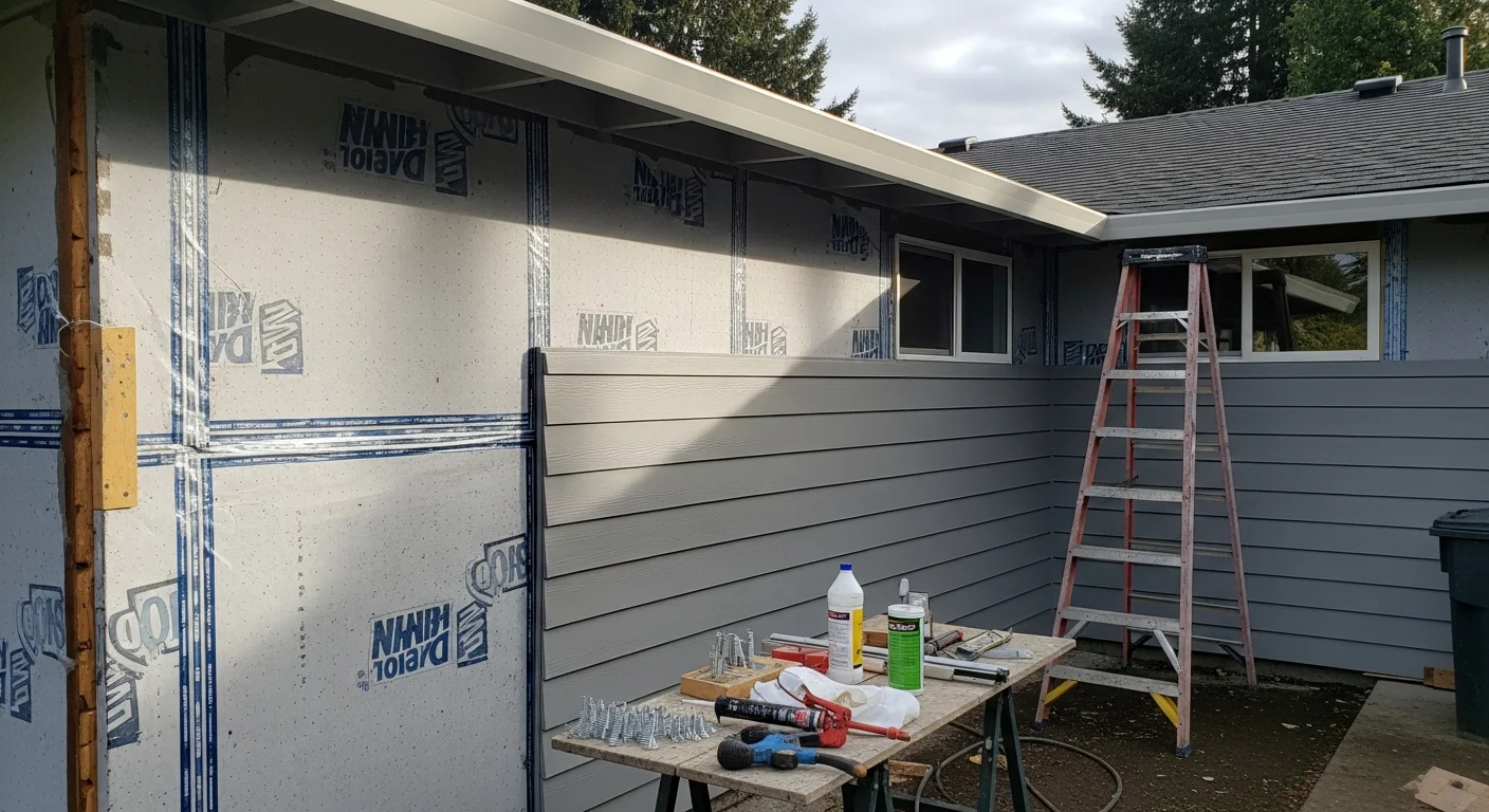 Freshly installed siding on a single-family home in Beaverton, Oregon, with clean panel lines, new trim, and a visible weather-resistant barrier along the exposed wall section. The home exterior reflects the mix of established residential architecture common across Beaverton neighborhoods.