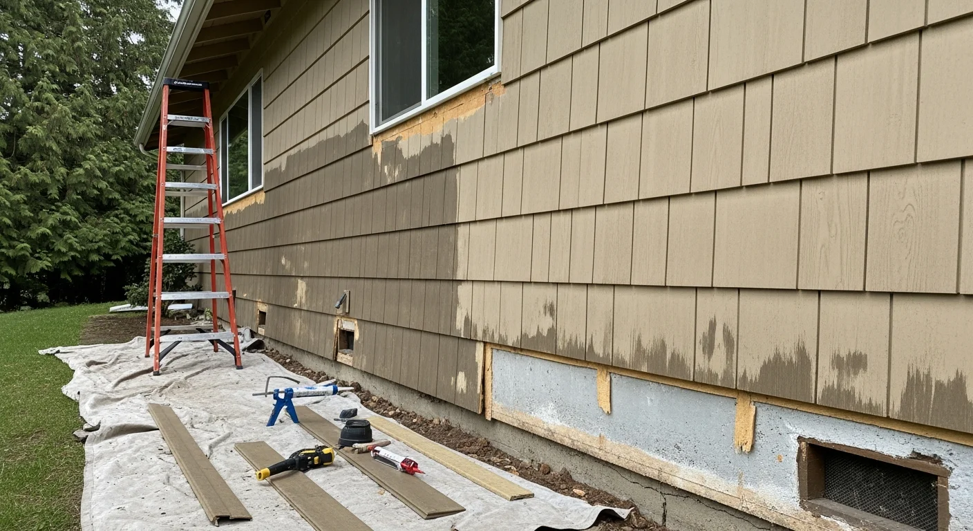 A Beaverton home exterior showing freshly repaired siding panels along the lower wall section, with clean trim and sealed window edges. Mature trees and a narrow side yard are visible in the background, typical of established Beaverton neighborhoods.