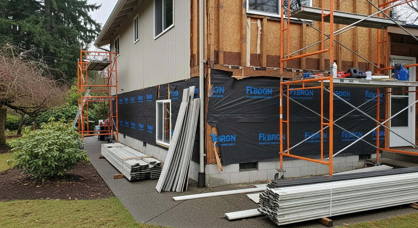 A Beaverton home with newly installed exterior siding, showing clean panel lines and fresh trim around windows. The completed replacement covers a two-story Pacific Northwest residence with mature trees visible in the background.