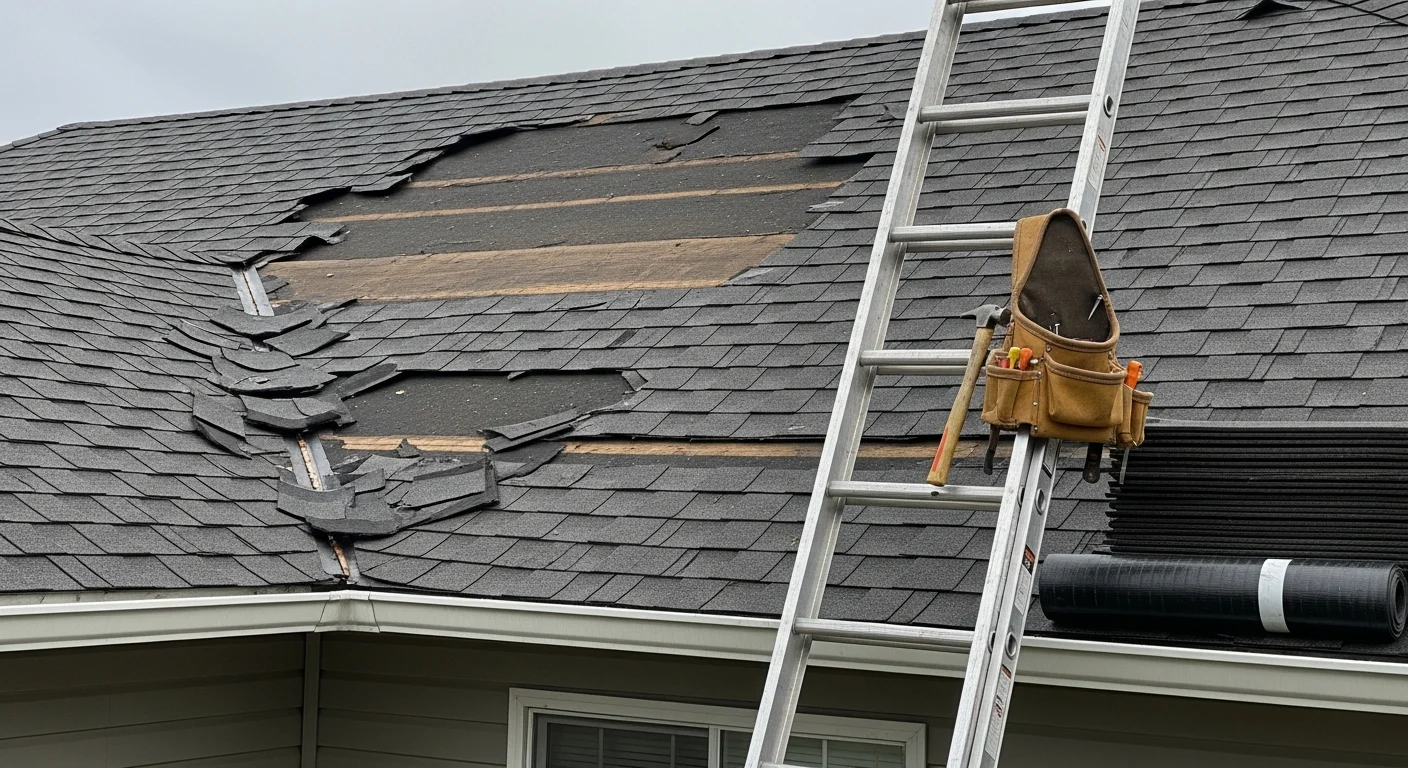 A Beaverton, Oregon residential roof showing wind-lifted shingles and exposed decking after a Pacific Northwest storm. A Kenai Construction crew member inspects the damaged ridge and flashing area during a post-storm assessment.
