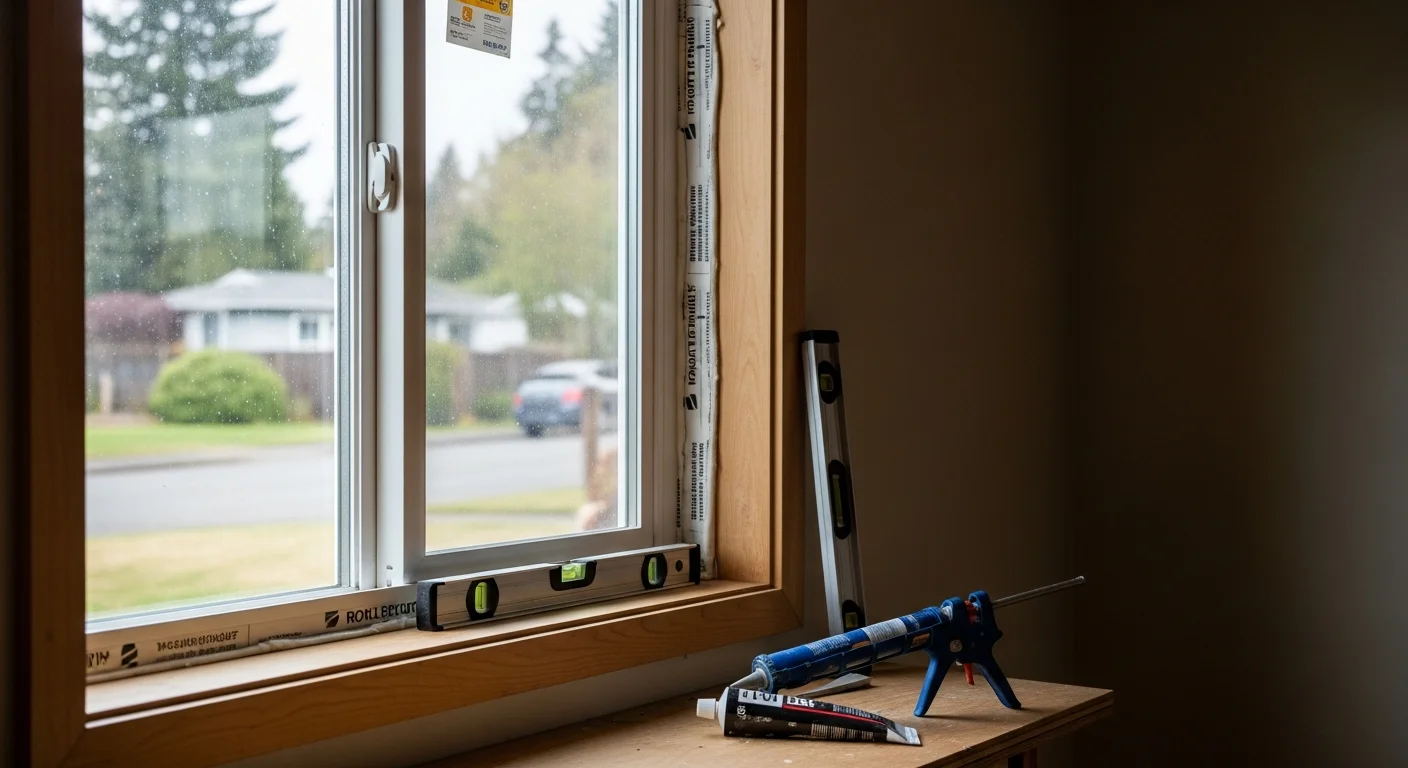 A Kenai Construction installer fitting a new double-pane window into a single-family home in Beaverton, Oregon. The finished window sits flush in a wood-framed opening with clean exterior trim on a ranch-style home.